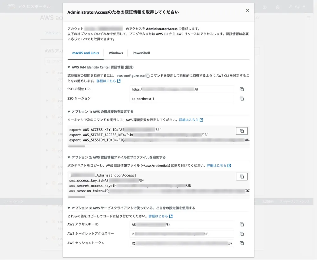 AWSアクセスポータル アクセスキー確認画面