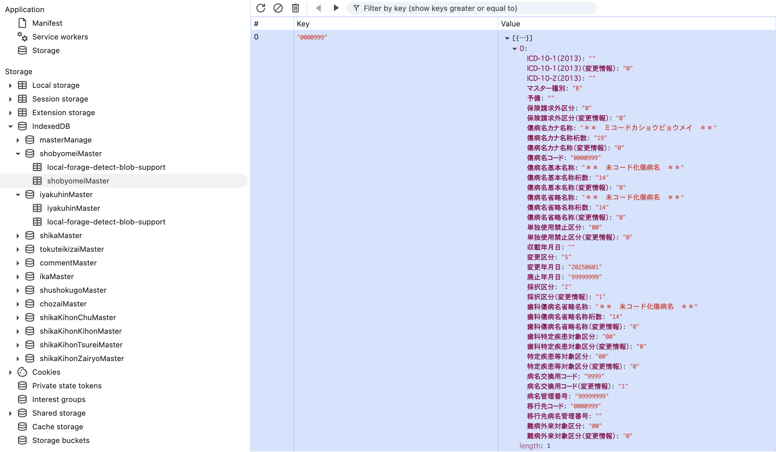 ブラウザのデベロッパーツールで、IndexedDBのshobyomeiMasterというオブジェクトストアが選択され、その中のデータが表示されている。